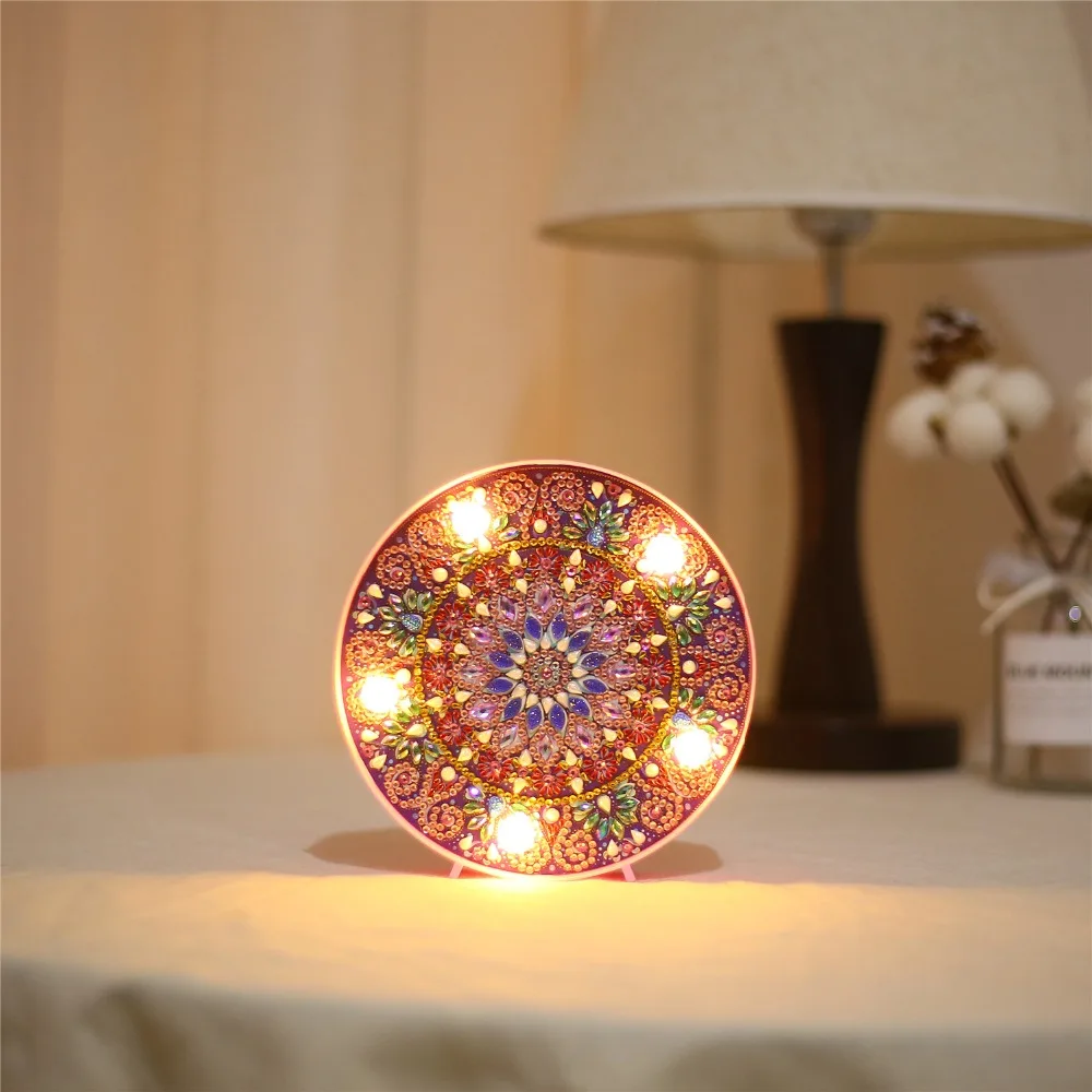 Christmas Hot Sale Round Circle Animal Mandala Landscape Diy Diamond Painting Led Light Lamp On The Table Round Shinny Beads
