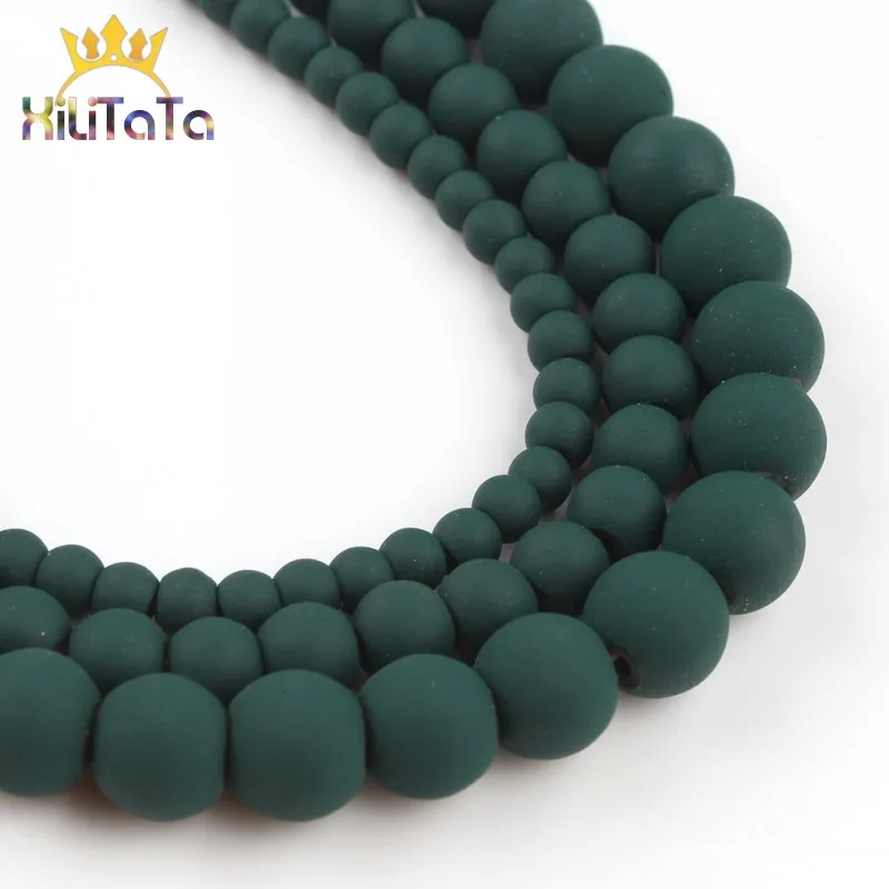 Круглые матовые бусины из натурального камня темно-зеленого цвета гематита для