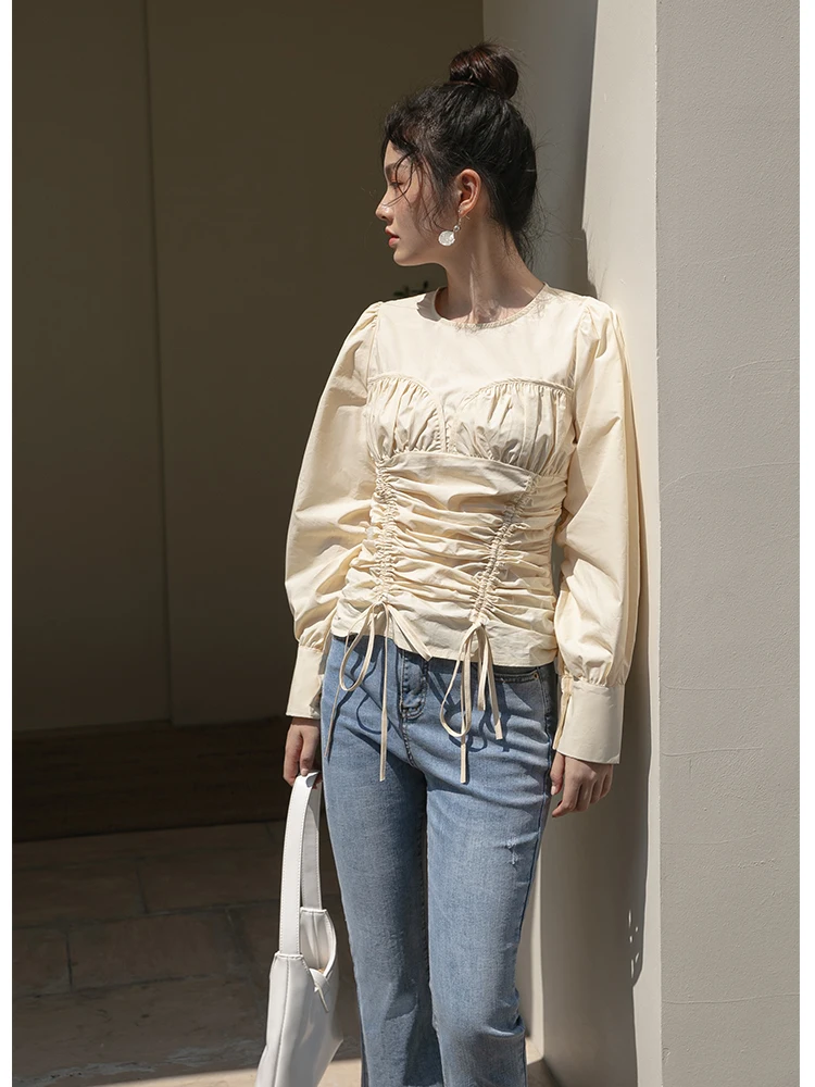 Новая Осенняя блузка со складками с пышными рукавами 2019 Модный корейский стиль