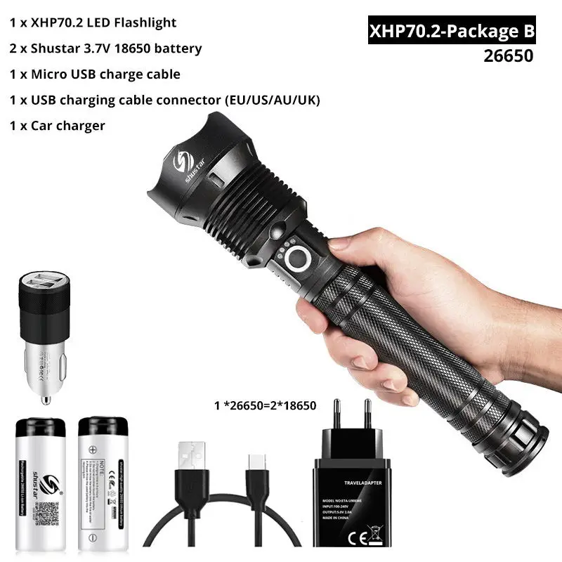XHP70.2-26650-B Мощный светодиодный фонарик с XHP 70,2, лампа с бусинами, масштабируемый, 3 режима освещения, светодиодный фонарь, поддержка для Mircro зарядки, Охотничья лампа - Испускаемый цвет: XHP70.2-26650-B