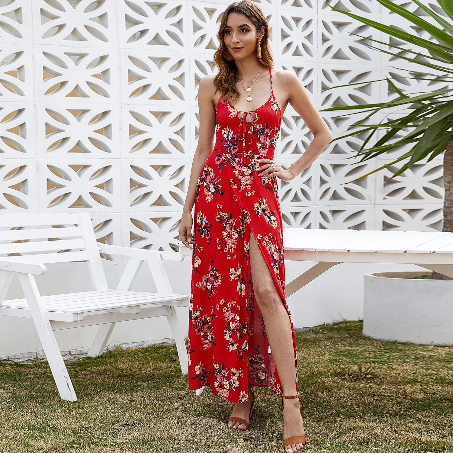 

Dresses for Women 2022 Boho Floral Printed V-Neck Backless Spaghetti Strap Fashion Split Casual Lace Up Maxi Dress Sundress