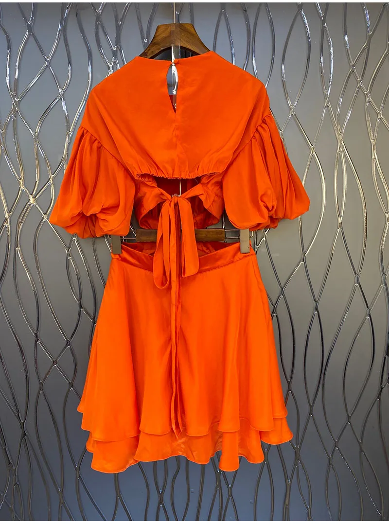 

Summer European High Street Designer Dress Woman Puff Sleeve Orange Casual Hollow Out Lace Up Festa Vestidos
