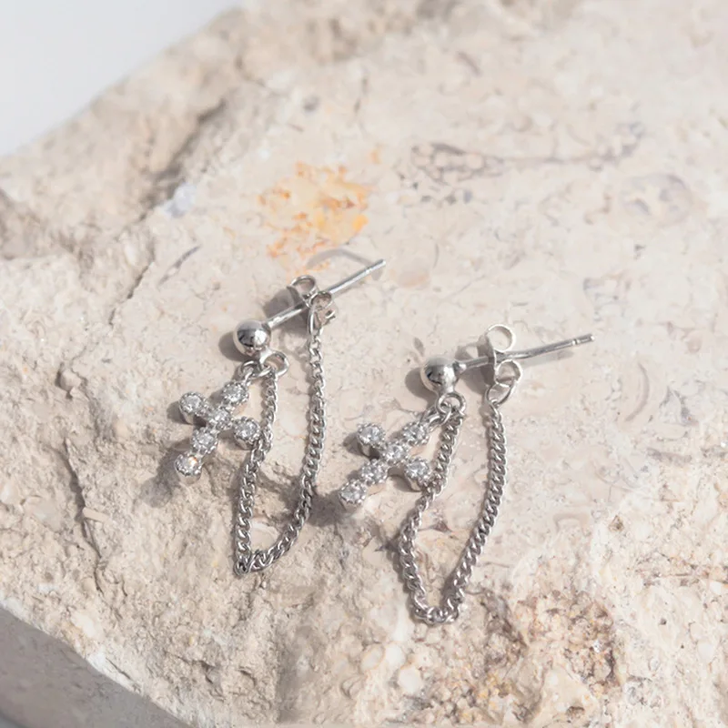 

VENTFILLE Sterling Silver Fashion Zircon Cross Earrings Ladies Personalized Tassel Back Hanging Earrings Jewelry Gifts Wholesale