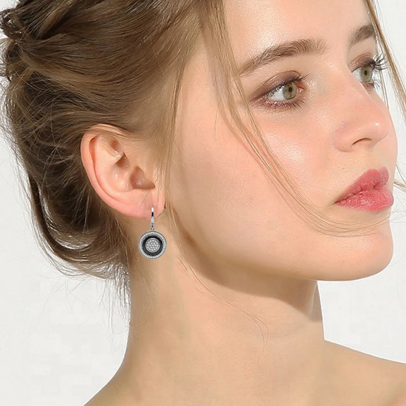 

MAIKALE Luxury Round Circle Black White Ceramic Earrings for Women AAA Zirconia CZ Drop Earings Wedding Party Exquisite Jewelry