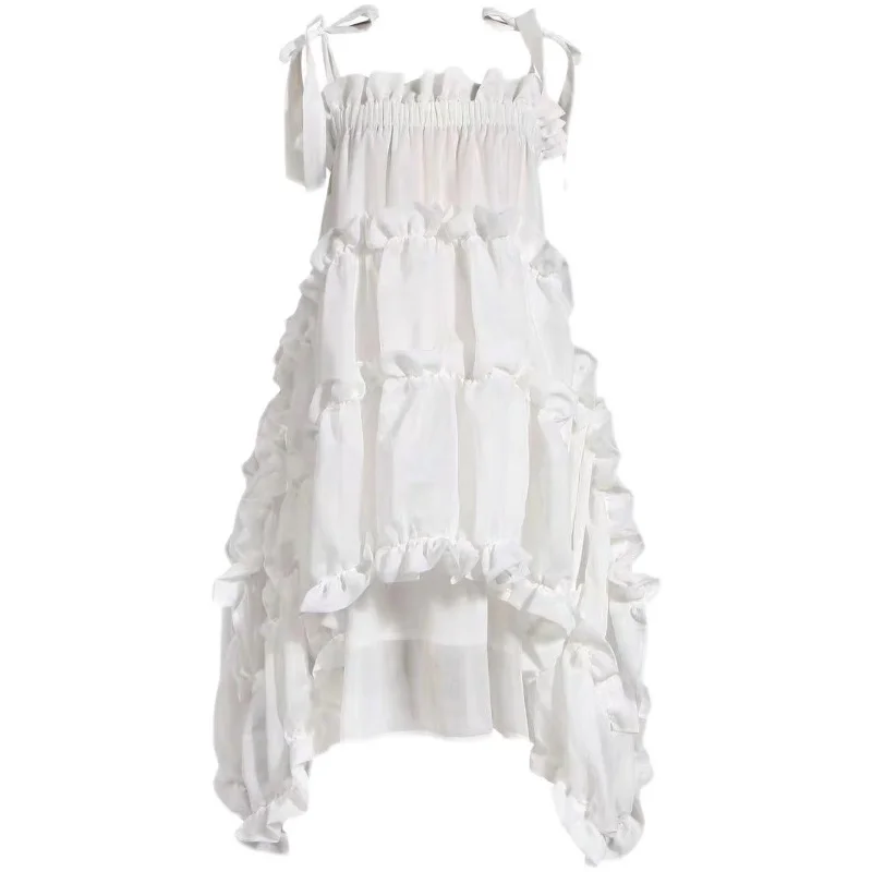 

Elegant White Loose Slip Dress Midi Sundress Summer 2021 Runway Ruched Ruffle Korean Fairy Casual Beach Vacation Party Vestidos