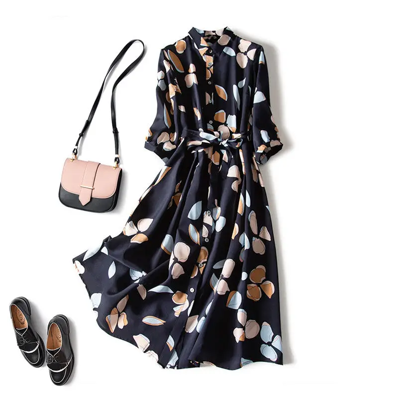 

Chiffon print dress women retro waist three-quarter sleeve shirt dress loose piece bohemian dress