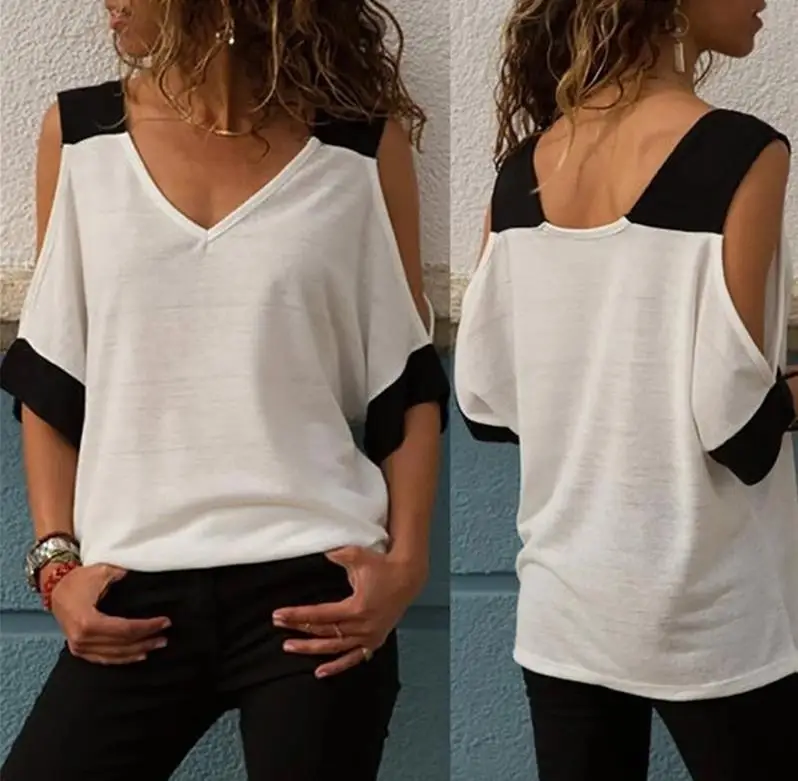 

Women Blouse Patchwork Cold Shoulder shirt 5XL Plus Size Tops V-Neck Half Sleeve Female Tee Shirt Summer Casual Shirt