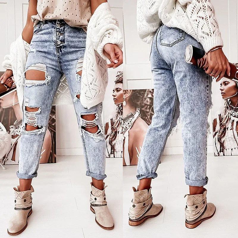 

Summer Ripped Jeans Women Fashionable Washed Old Jeans Loose Hip-hop Style Jeans Street Ladies Feet Pants Straight Leg Jeans