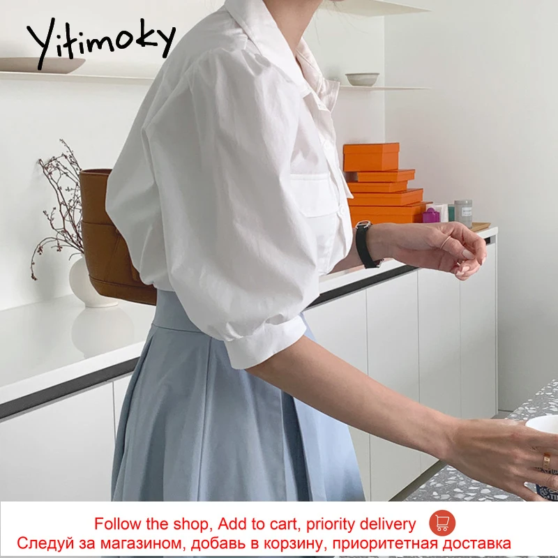 

Yitimoky 2 Piece Set Blouse Women Elastic Waist Long Pleated Skirt Pockets Puff Sleeve Turn-down Collar Casual Summer 2021 New