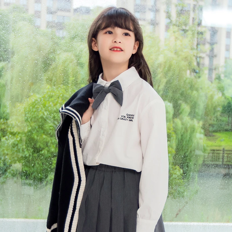

Girls White Shirt Long Sleeve English Print New Fall Top Child College Style Jk Uniform Gray Pleated Short Skirt Japanese Style