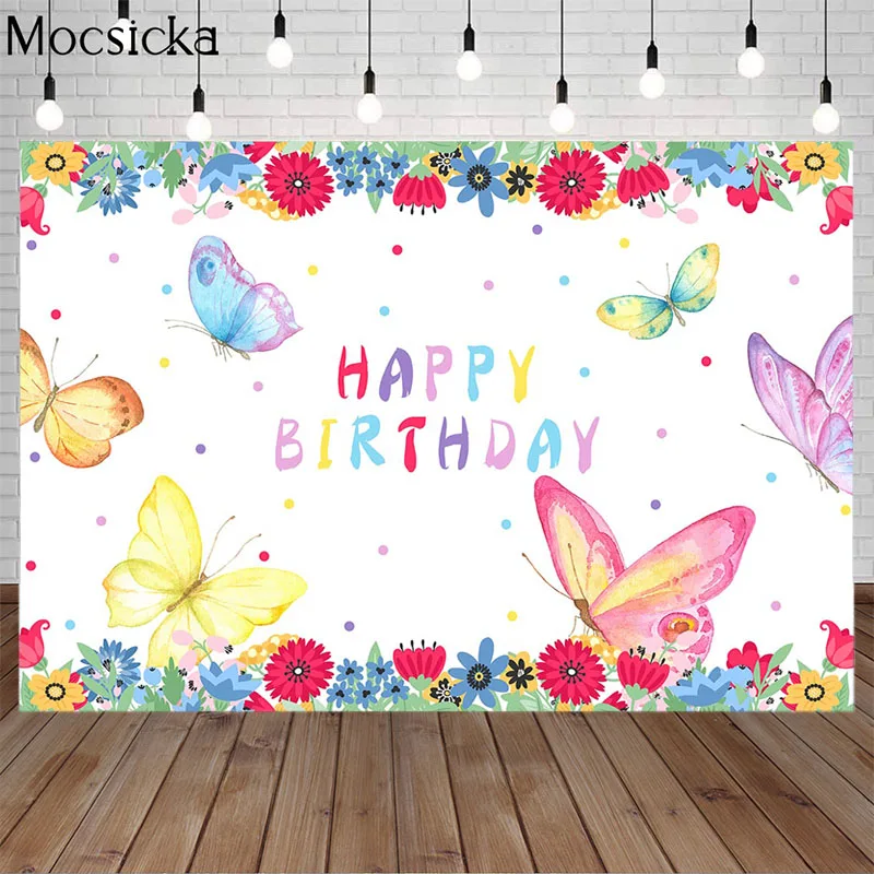 

Happy Birthday Party Photography Backdrops Spring Theme Background for Photo Shoot Colorful Butterflies and Flowers