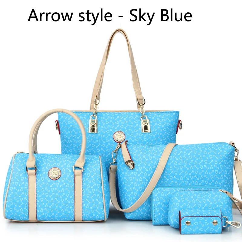 Arrow-Sky Blue-6pcs Autumn New Fashion Women's Bag 6 Piece Set Plaid Bag Lady Slung Hand Bag Shoulder Messenger Composite Bag - Цвет: Arrow-Sky Blue-6pcs