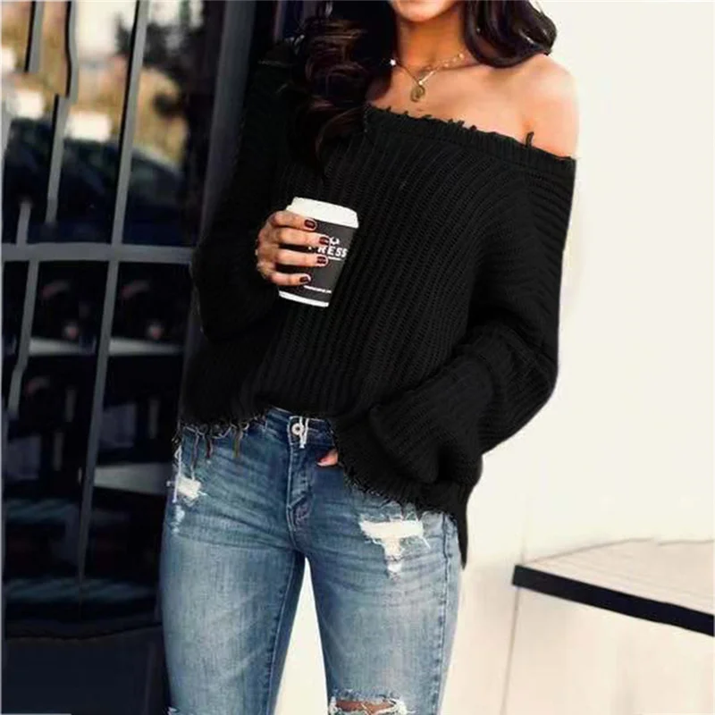 Slash Neck Solid Sweater With Tassel Women's Fashion Casual Slim Fit Long Sleeve Stripe V-neck Knitted Tops Blouse | Женская одежда