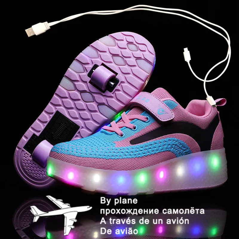 

USB Charging Black Two Wheels Luminous Sneakers Led Light Roller Skate Shoes for Children Kids Led Shoes Boys Girls Shoes 27-40