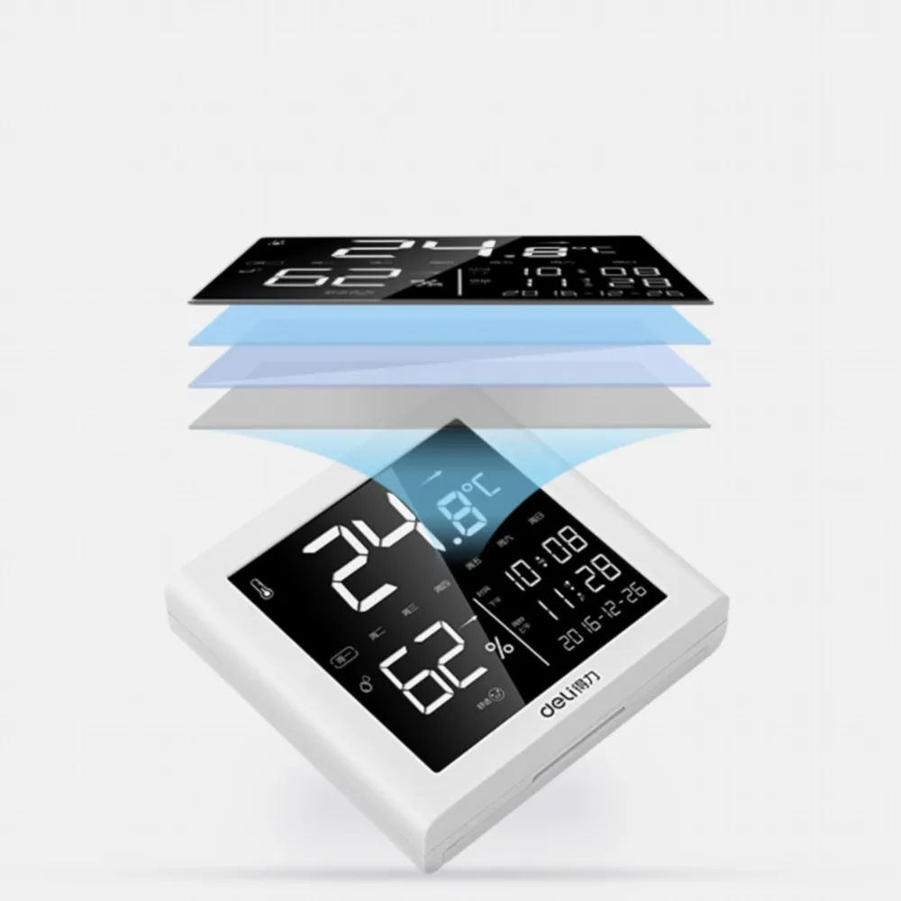 

Deli Electronic Hygrothermograph LCD Display Mini High Precision Temperature And Humidity Meter Smart Backlight Alarm Clock