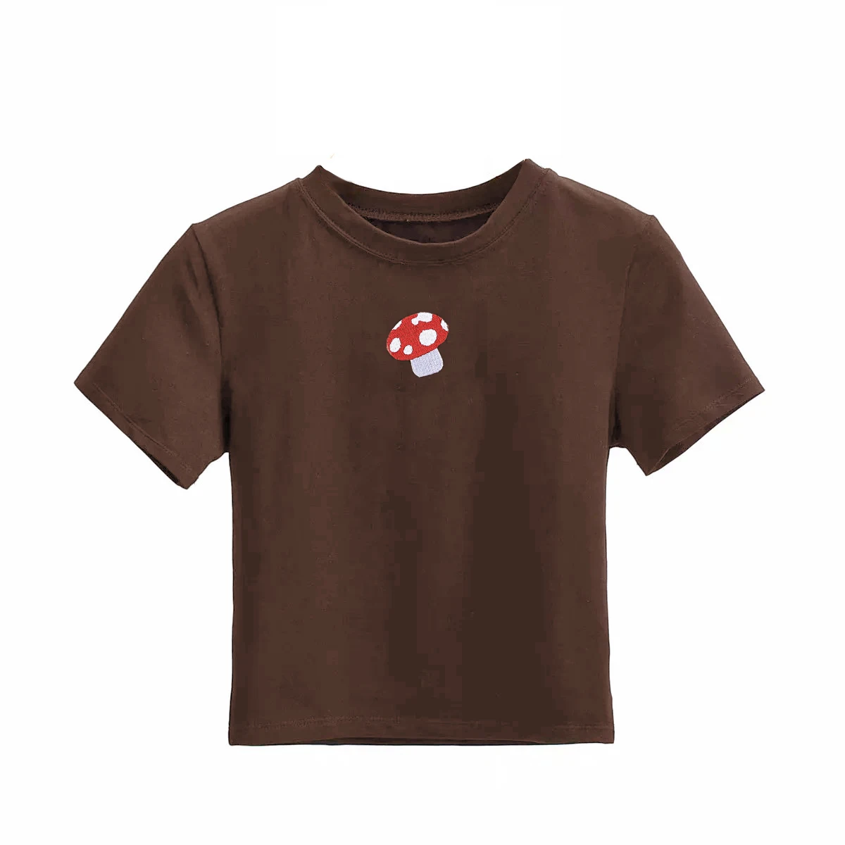 

Mushroom Embroidery Casual Short Sleeve T-shirt Women Summer Clothing Black Gray Cropped Tops Tee Streetwear