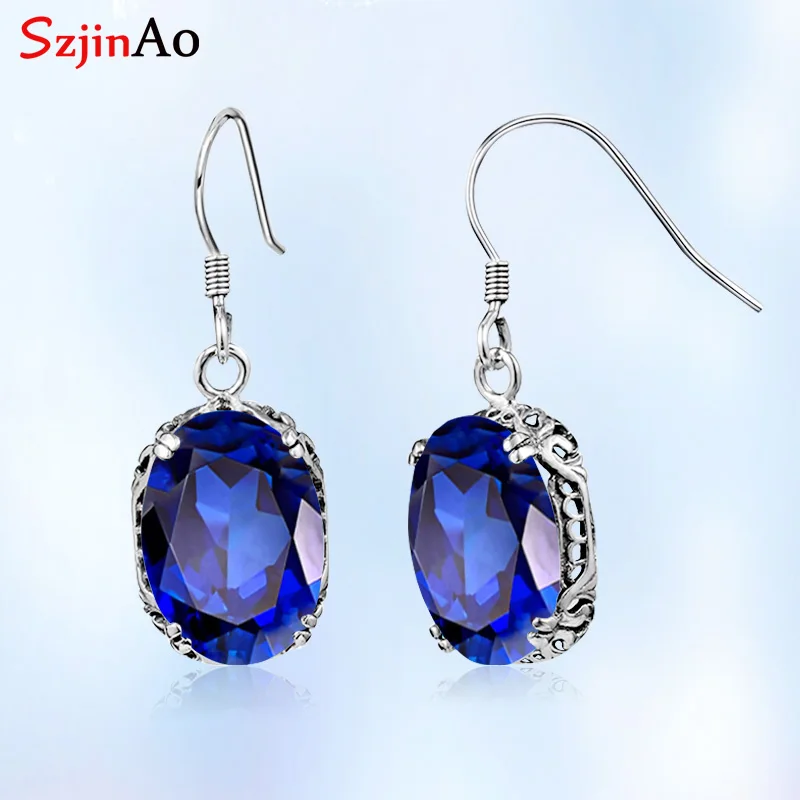 

Szjinao Classic Lever Backs Oval Vintage Sapphire Drop Earrings Silver 925 Real Anniversary Party Trendy Luxury Woman Jewelry