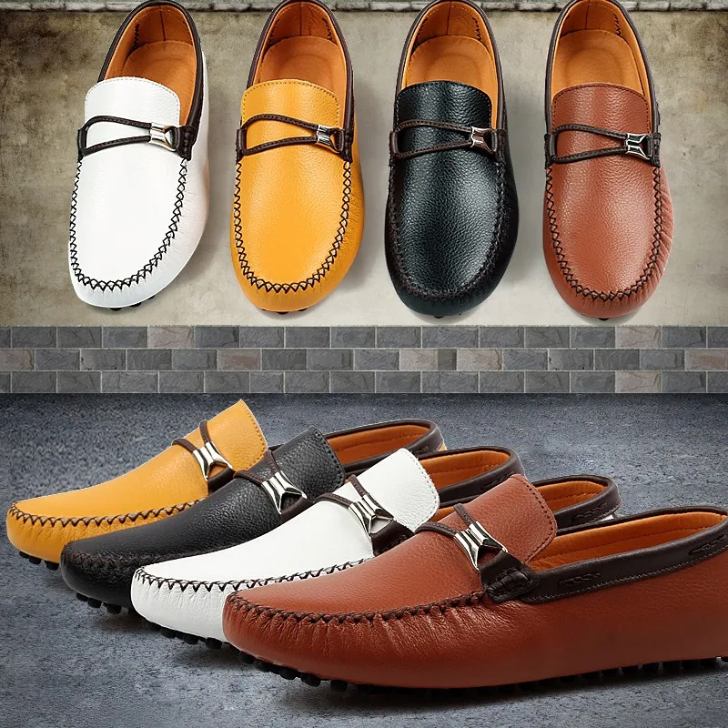 

2020 Spring Summer Men's Loafers Comfortable Flat Casual Shoes Men Breathable Slip-On Soft Leather Driving Shoes Moccasins White
