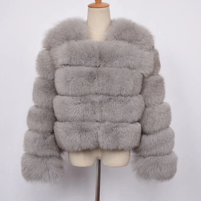 Light Grey Натуральный мех пальто для женщин длинный рукав натуральный Лисий кроп куртка зима толстые теплые модные S1796B - Цвет: Light Grey