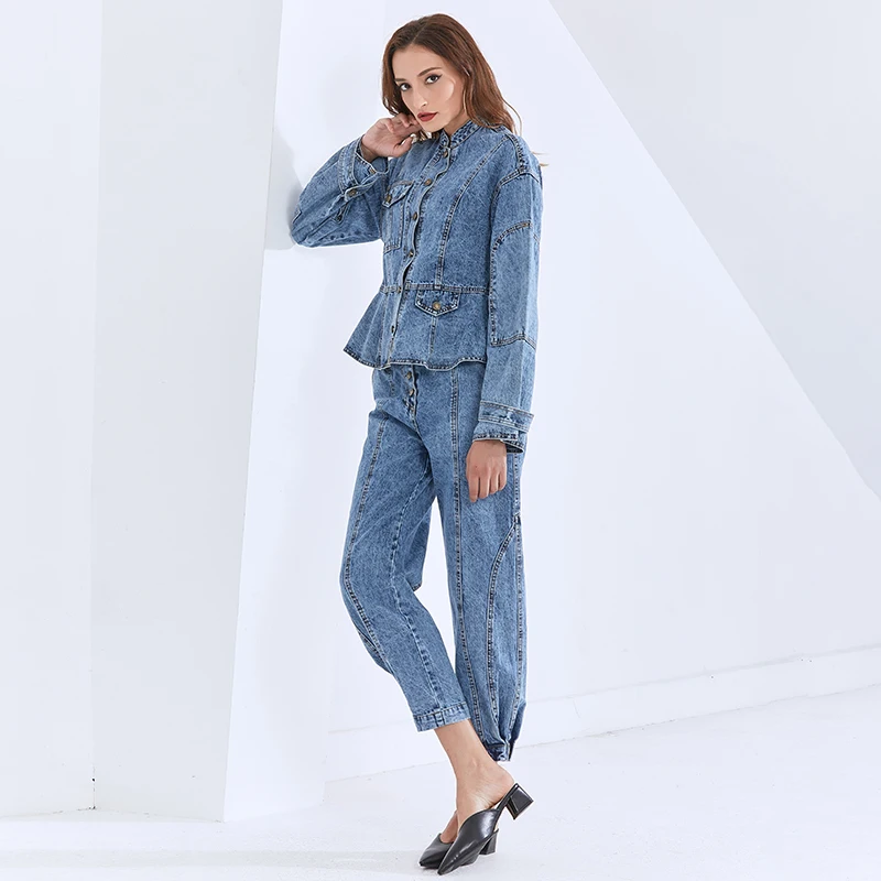 

SISPELL Denim Women's Two-piece Suit O Neck Long Sleeve Coat High Waist Loose For Female Casual Sets 2020 Autumn Fashion New