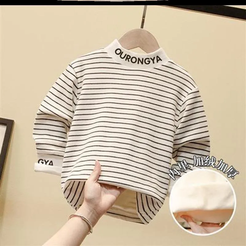 

New Spring Winter Girl Casual Sweater Children Knitted Woolen Kids Stripe Letter Warm Thicken Turtleneck Long Sleeve Plus Velvet