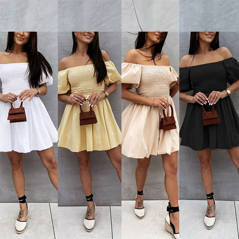 

Puff Sleeve Off Shoulder Pleated Women Mini Dress Solid Tunic Ladies Party Dresses Summer Trendy Vintage Female Vestidos 2021
