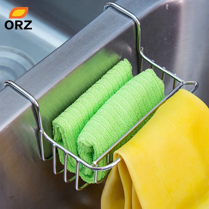 

ORZ Kitchen Sink Organizer Stainless Steel Hanging Sponge Holder Towel Rack Sink Drainer Basket Cleaning Tool Storage Organizer