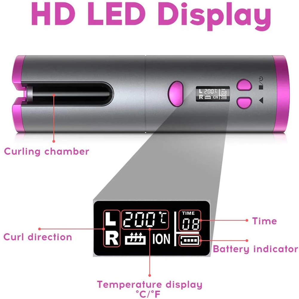 

LCD Display Adjustable Curly Rotate Iron Automatic Cordless Ceramic Hair Curler Perm Easy Use Practical Hair Styling Tools