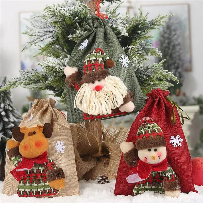 Navidad Christmas Burlap Gift Bag Cute Elk Snowman Santa Candy Drawstring Treat Cookie New Year Natal Home Decor | Дом и сад