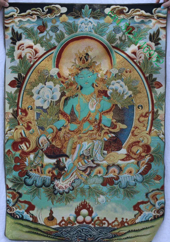 

36 inch Tibet Buddhism Silk embroidery Seat Green Tara Buddhism Thangka Painting Mural