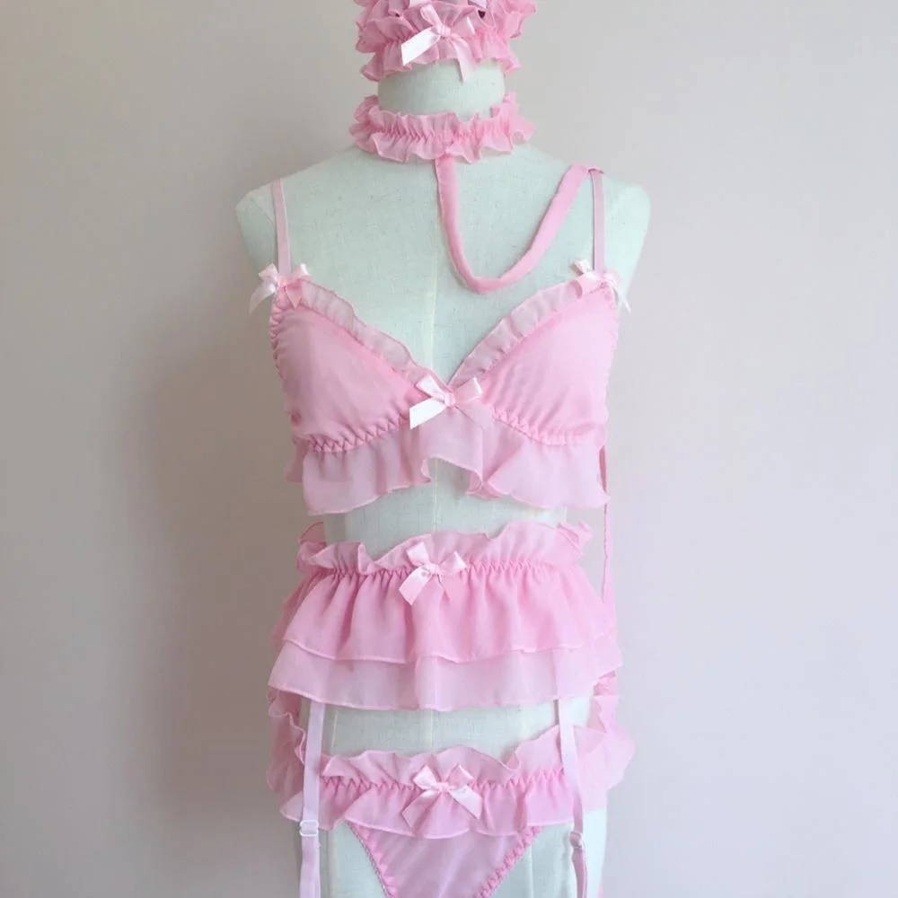 

Kawaii Japanese Lingerie Set Lolita Sexy Cosplay Ruffle Baby Doll Outfit Bra and Panty with Garter Costume School Girl Lingerie