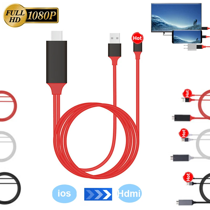 

1080P TV Stick HDTV AV 2M USB Cable to HDMI-Compatible For iPhone7 7Plus 6S 6Plus 5S 5 For IOS Charging Adapter Cable