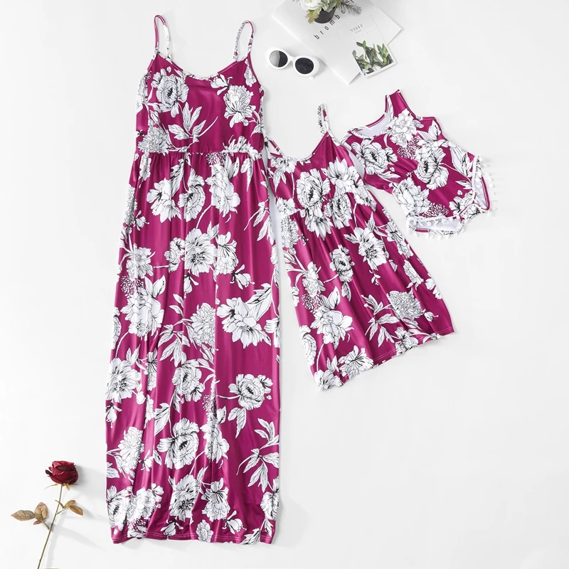 Платье для мамы и дочки синее желтое длинное платье с цветочным принтом одежда