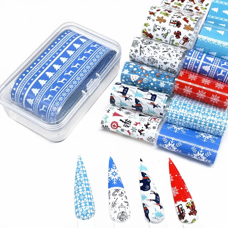 10rolls/box Christmas Nail Foils Transfer Paper Snowflake Nail Art Stickers Stripe Halloween Manicure Set Decal Nails Decoration