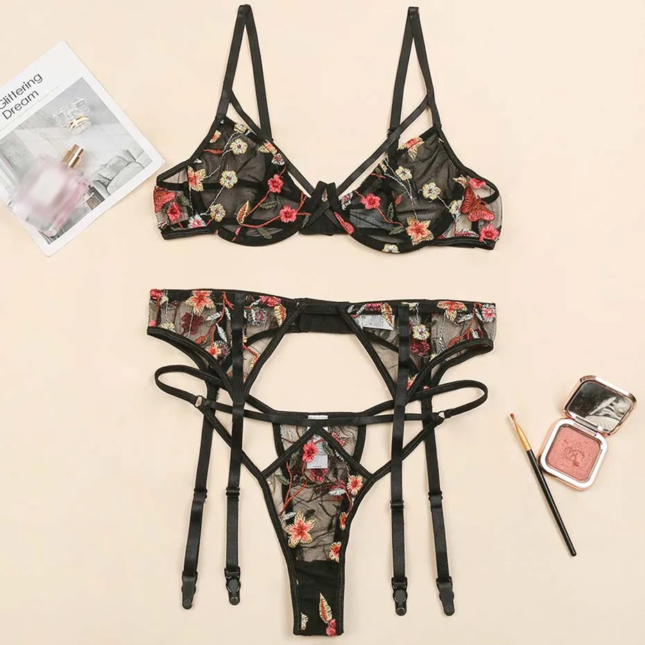 

Sexy Women's Micro Bikini Set Underwear Lingerie Sexy Hot Erotic Mesh Embroidery Bra And Brief Erotic Lingerie Porno Costumes