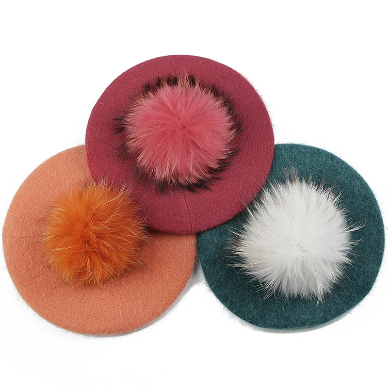 Geebro женский шерстяной берет легкий женская шапка с помпоном из меха енота ретро