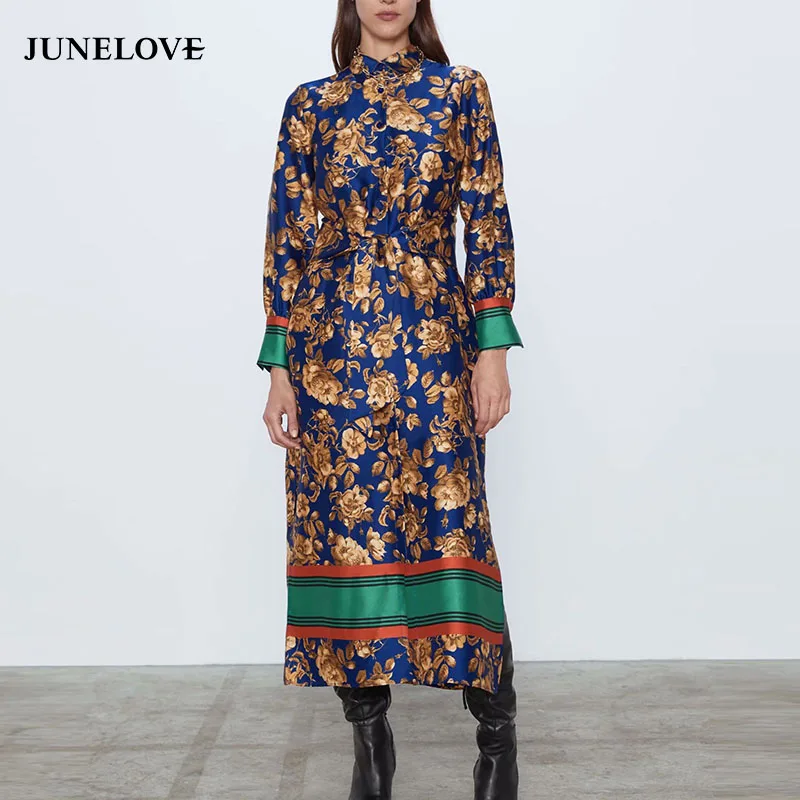 JuneLove женское осеннее длинное платье макси на шнуровке винтажное с цветочным