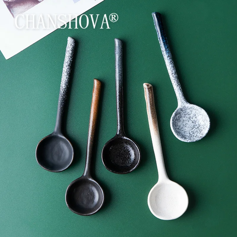 

CHANSHOVA Chinese retro style Bump texture Ceramic Long spoon China porcelain Coffee soup spoon Tableware Kitchen utensils H572