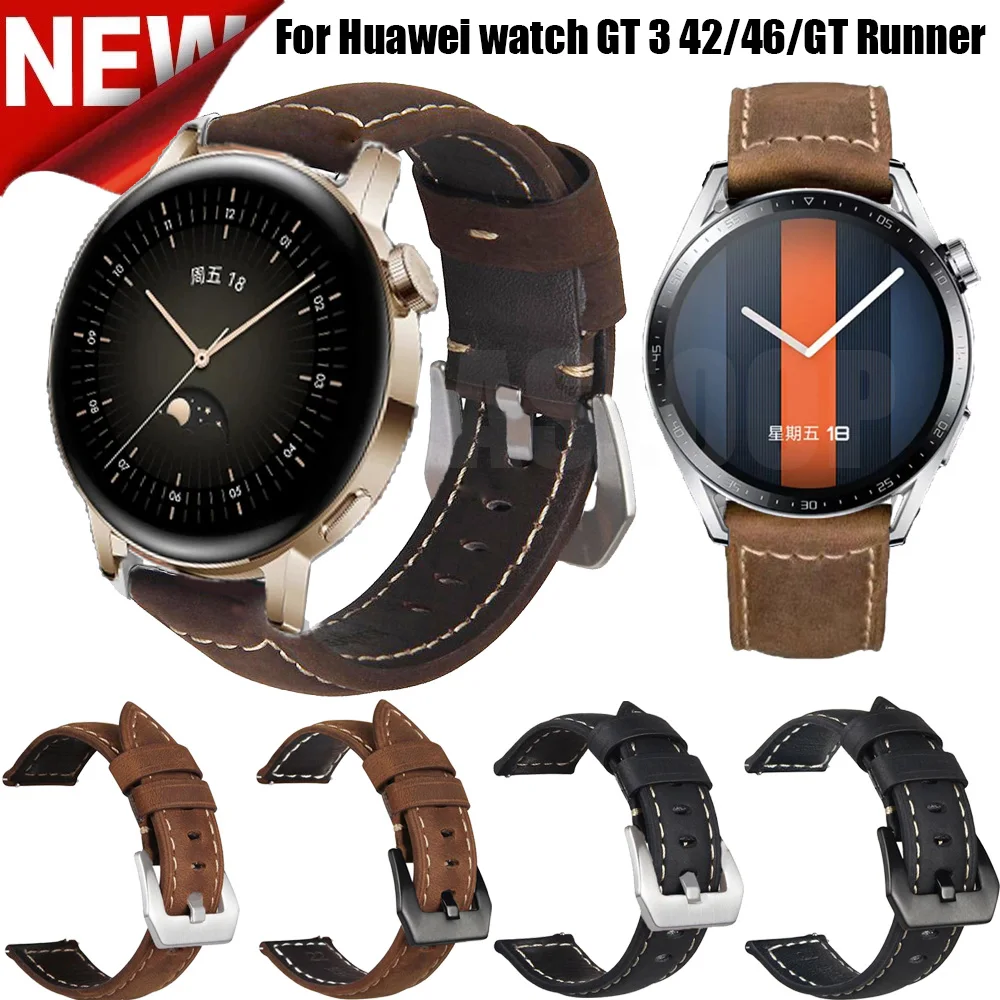 

Ремешок кожаный для наручных часов Huawei Watch GT 3 42 46 мм, браслет для смарт-часов GT Runner/GT 2E/GT 2 Pro/Honor magic 2 46, 20 22 мм