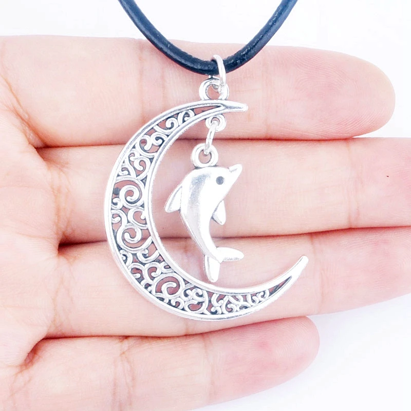 Античное серебряное покрытие полумесяц подвеска Дельфин кожа цепь ожерелье