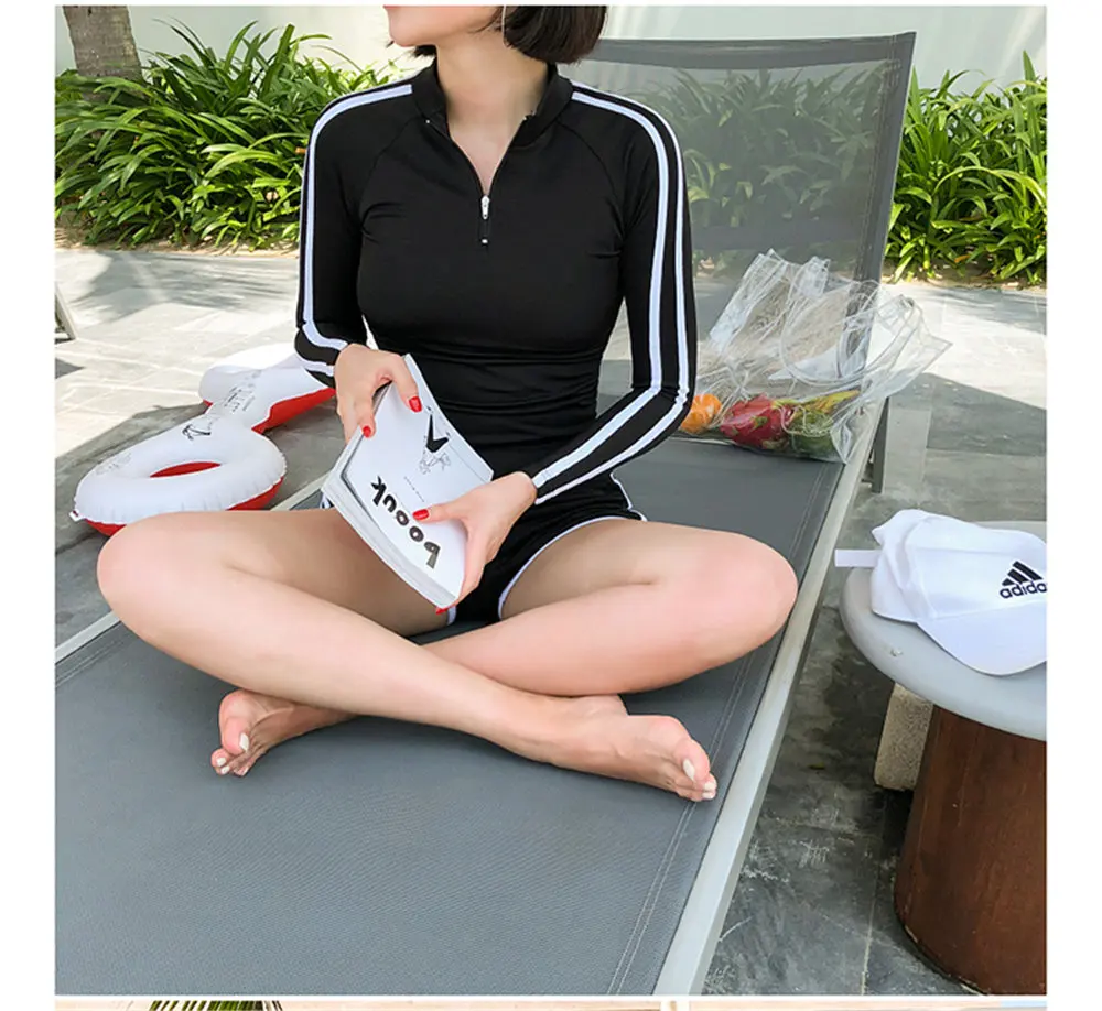 С длинным рукавом из двух частей Rashguard Женские однотонные купальники на молнии шорты Танкини полосатая блузка полосатый погружной костюм пуш-ап купальник Pad