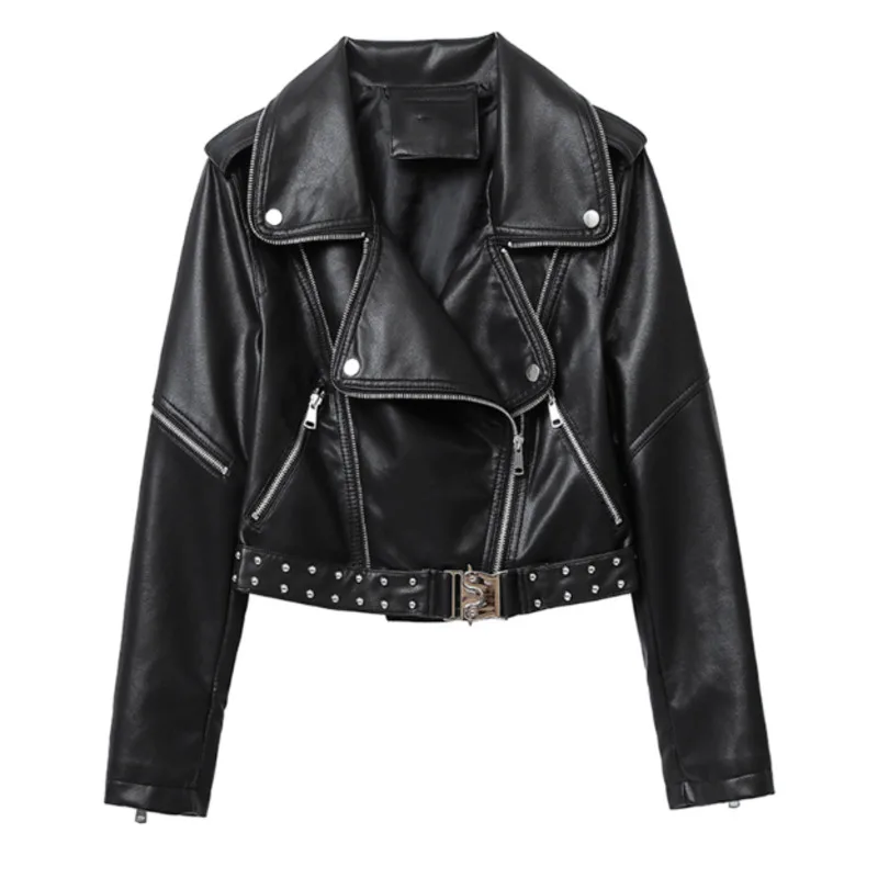 

Крутая короткая осенне-зимняя женская мотоциклетная куртка, кожаная женская куртка, новинка 2021, уличная куртка в стиле панк с заклепками, об...