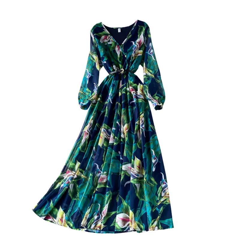 

Chiffon elegant long dress with large Decor New Style in 2021 summer, slim and slim V-neck print dress