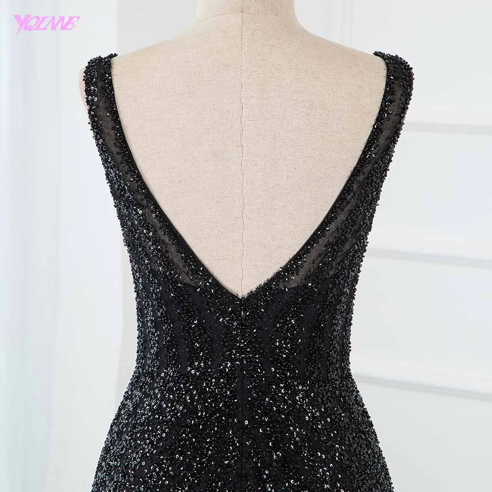 Сексуальные черные вечерние платья YQLNNE с V-образным вырезом и бисером длинное