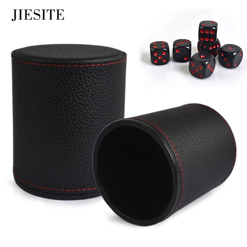 

Hot VSOP Leather+Plastic Dice Cup Set with 6pcs Acrylic dices Polyhedral Dice Cup Poker Drinking Board Game Gambling Dice Box