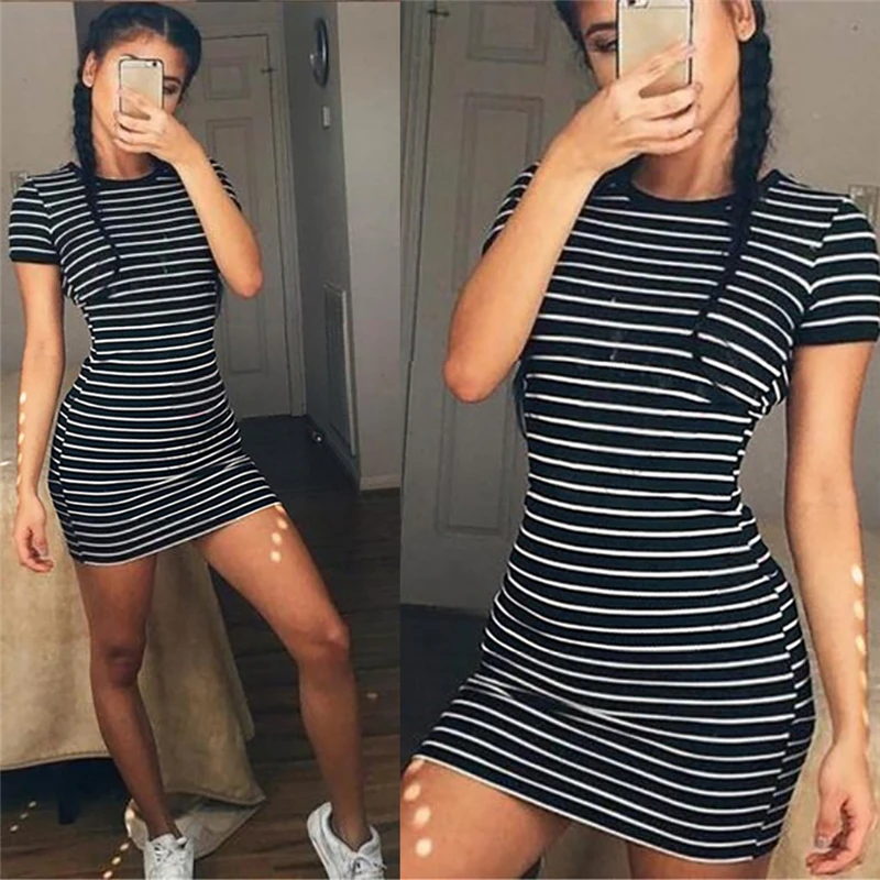 

Summer Round Neck Enough Stock Short-sleeved Dress Black And White Striped Dresses Casual Elegant Sheath Slim Dress