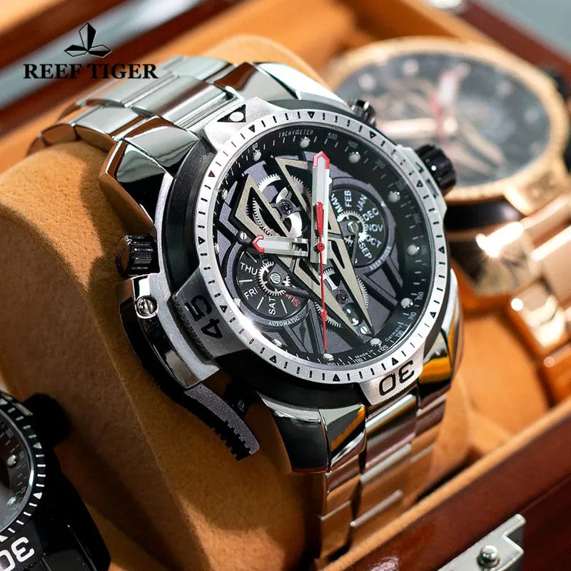 Фото Мужские часы Reef Tiger/RT Unique Transformers Dial, водонепроницаемые, 100 м, механические, из нержавеющей стали 316L, автоматические. №1