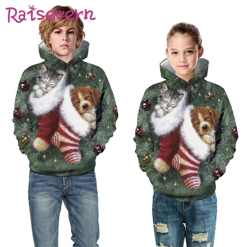 2019 рождественские детские толстовки с капюшоном 3D принтом кота собаки снеговика