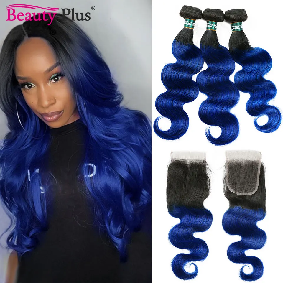 1B/Blue Bundles With Closure Ombre Hair Bundles With Closure Remy Brazilian Body Wave Human Hair Weaves with Swiss Lace Closure