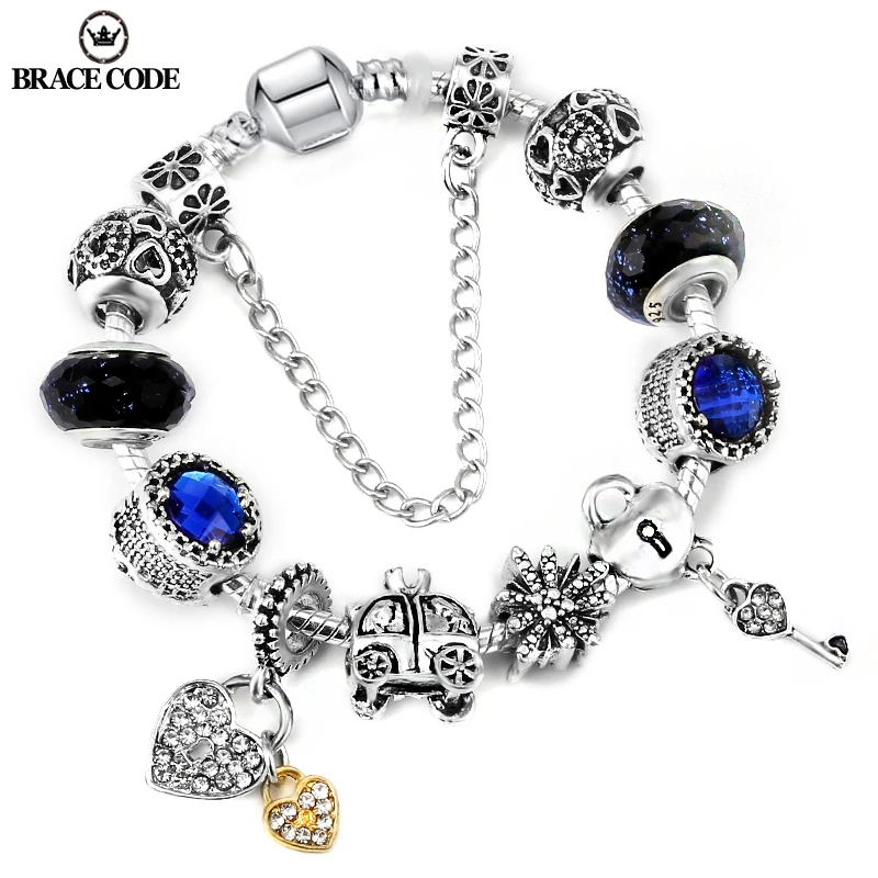 Classic Blue Charm Lady Bracelet, Starry Sky Glass Beads and Crown Carriage Snowflake Charm, Fine Bracelet Gift